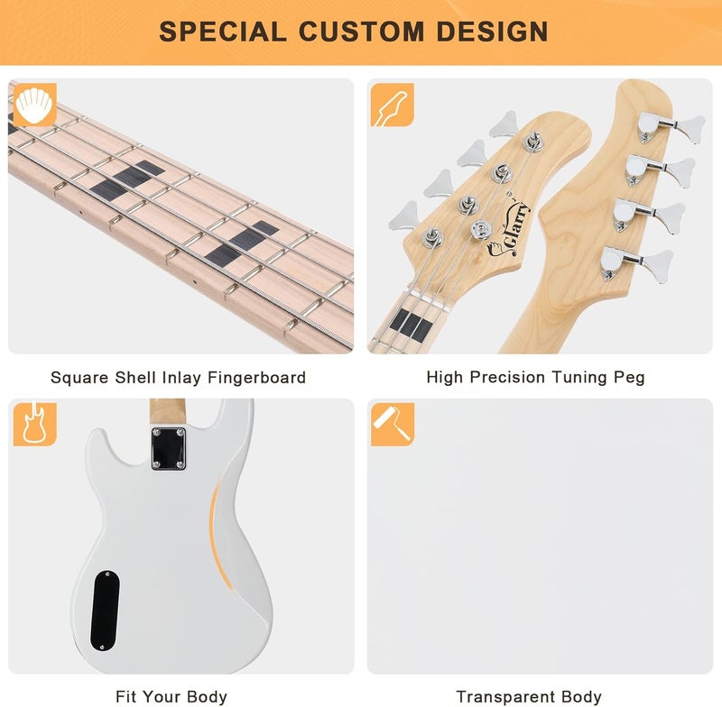 GLARRY GP Series Full Size Electric Bass Guitar 4 String Beginner Kit Canadian Maple Fingerboard with Cable, Strap, Bag and Accessories (White) - Image 5